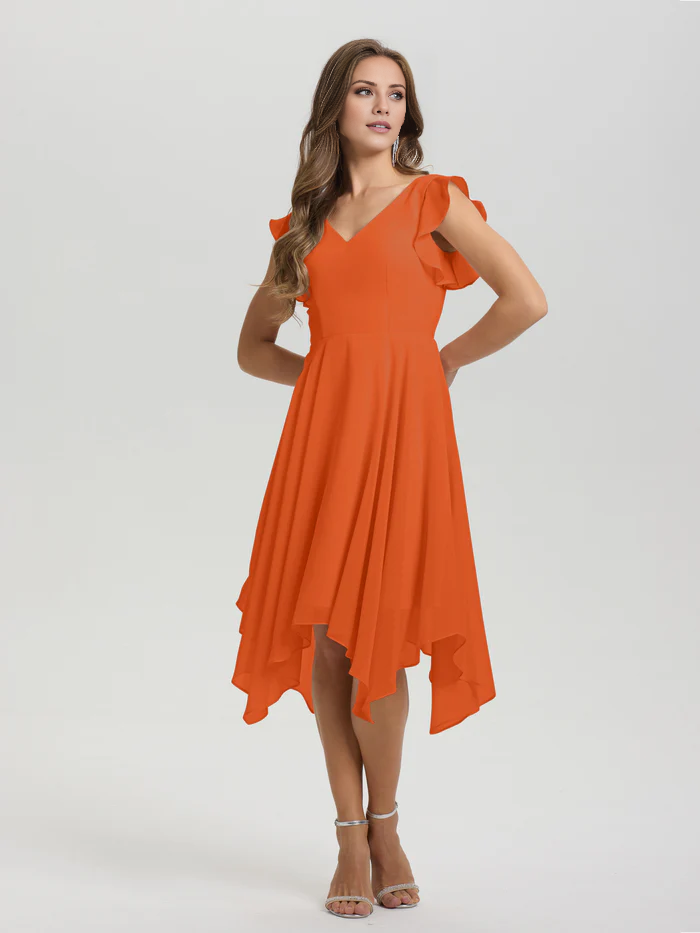 Lotus leaf edge sleeve V-neck asymmetrical tea long chiffon tea long bridesmaid dress