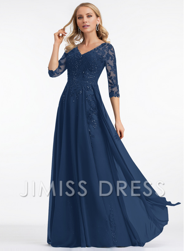 Dark Navy Lace & Chiffon A-Line Floor-Length Evening Dress with V-Neck and Sheer Sequin Sleeves