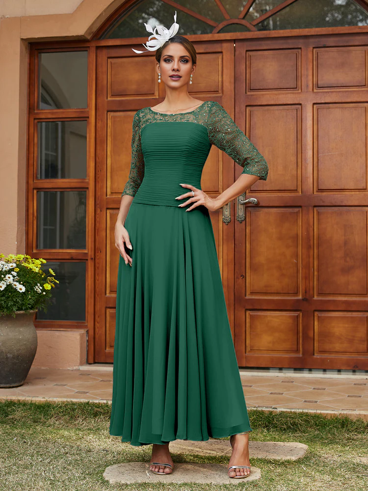 Silver Chiffon A-Line Tea-Length Dress with Boat Neck and Pleated Bodice and Lace Sleeves