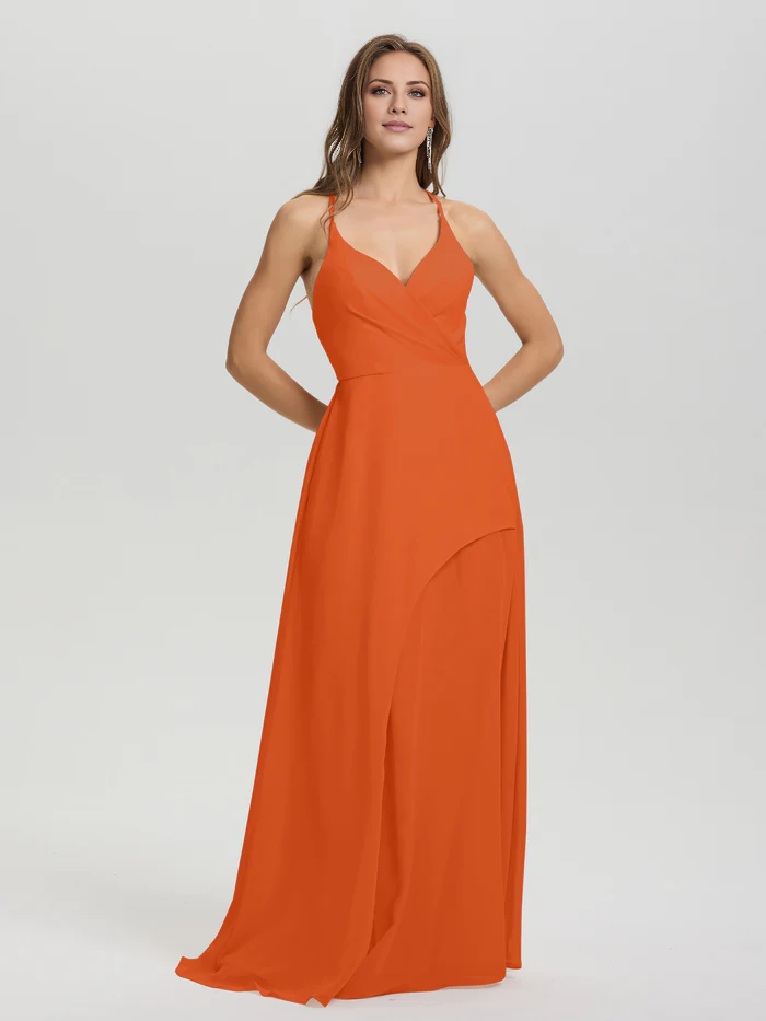 Shoulder strap V-neck backless long chiffon formal and floor length Bridesmaid dresses