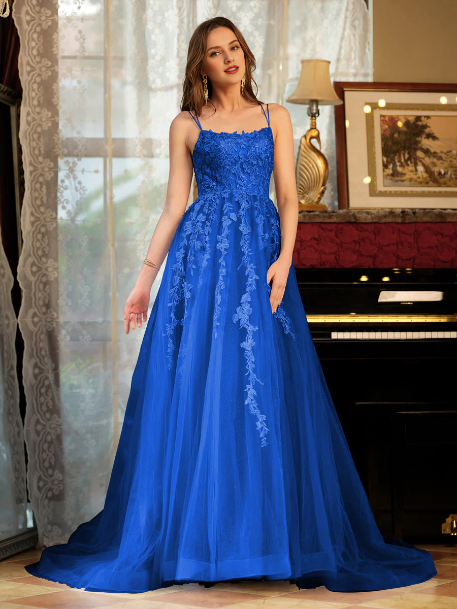 Sky Blue Floral Lace A-Line Floor-Length Bridesmaid Dress