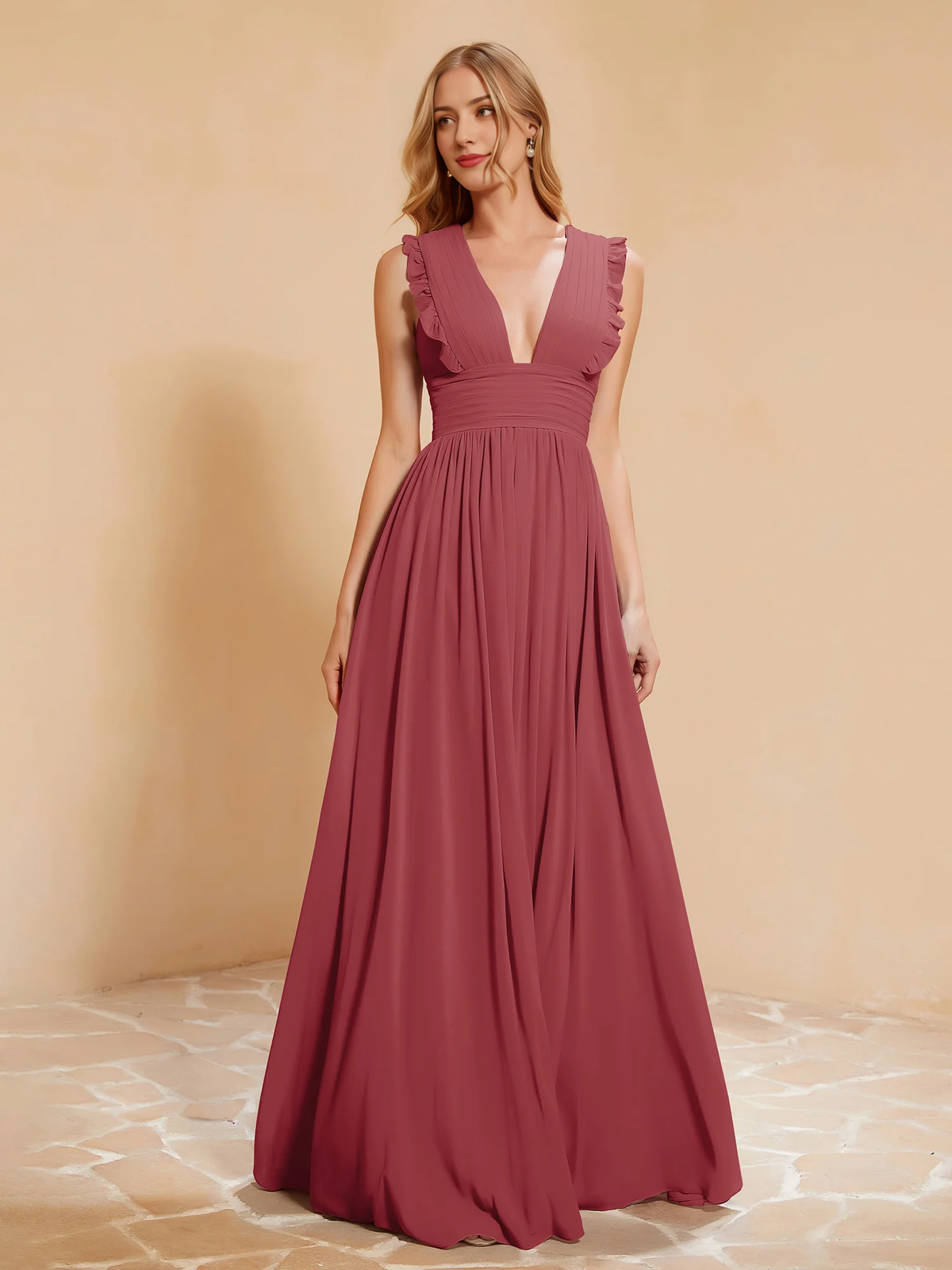 Dusty Rose Chiffon A-Line Floor-Length Dress with V-Neck and Ruched Bodice + Ruffled Straps