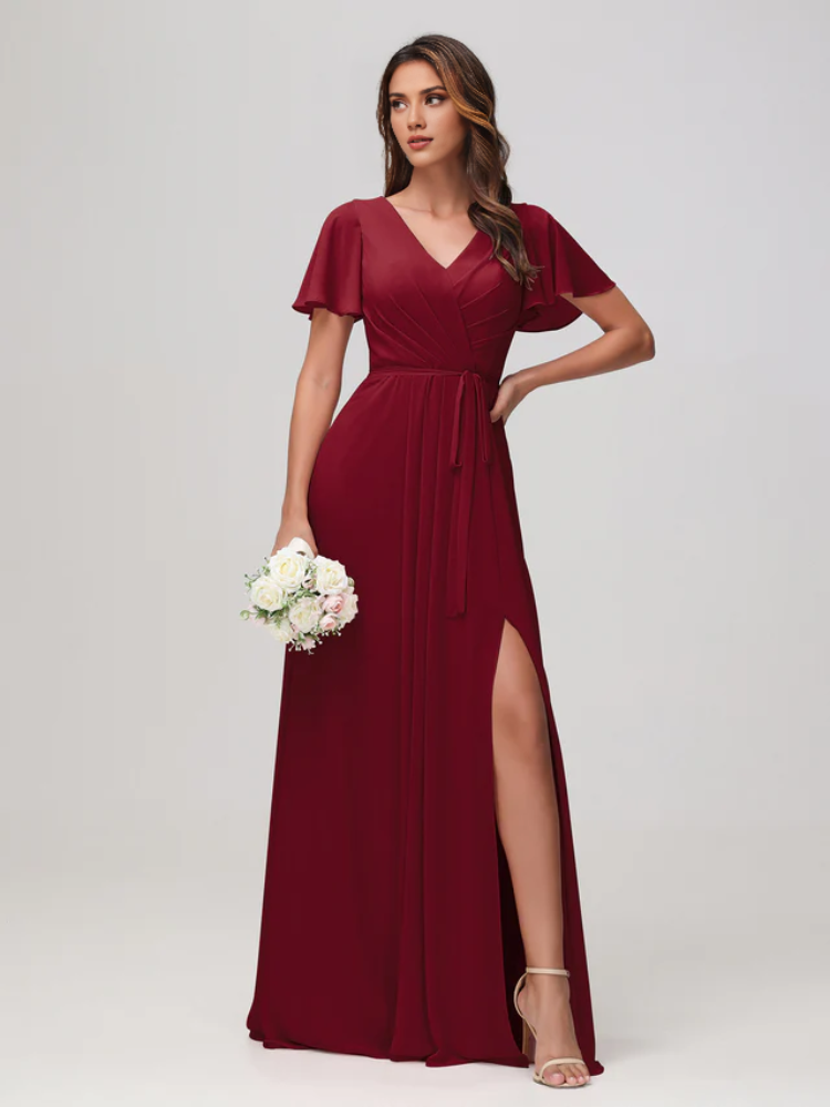 Olive Green Chiffon A-Line Floor-Length Dress with V-Neck, Pleated Bodice & Flutter Sleeves - Jimiss