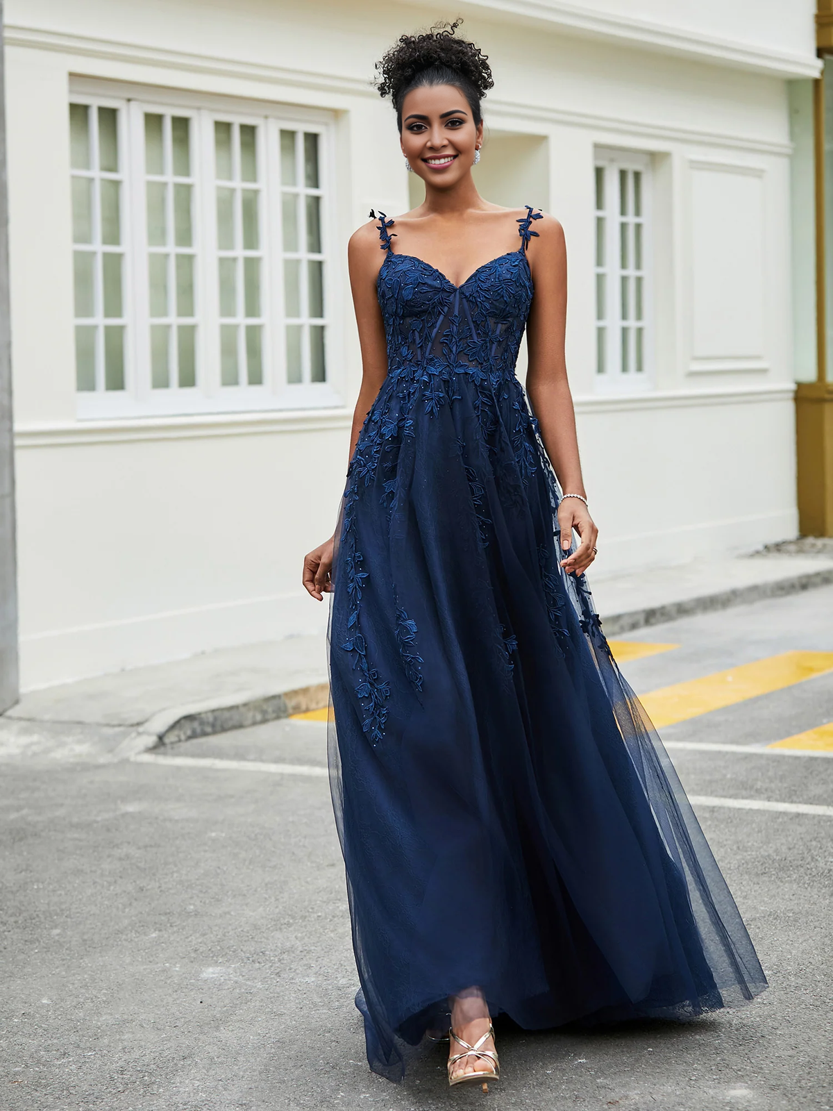 Dark Navy Tulle A-Line Floor-Length Bridesmaid Dress