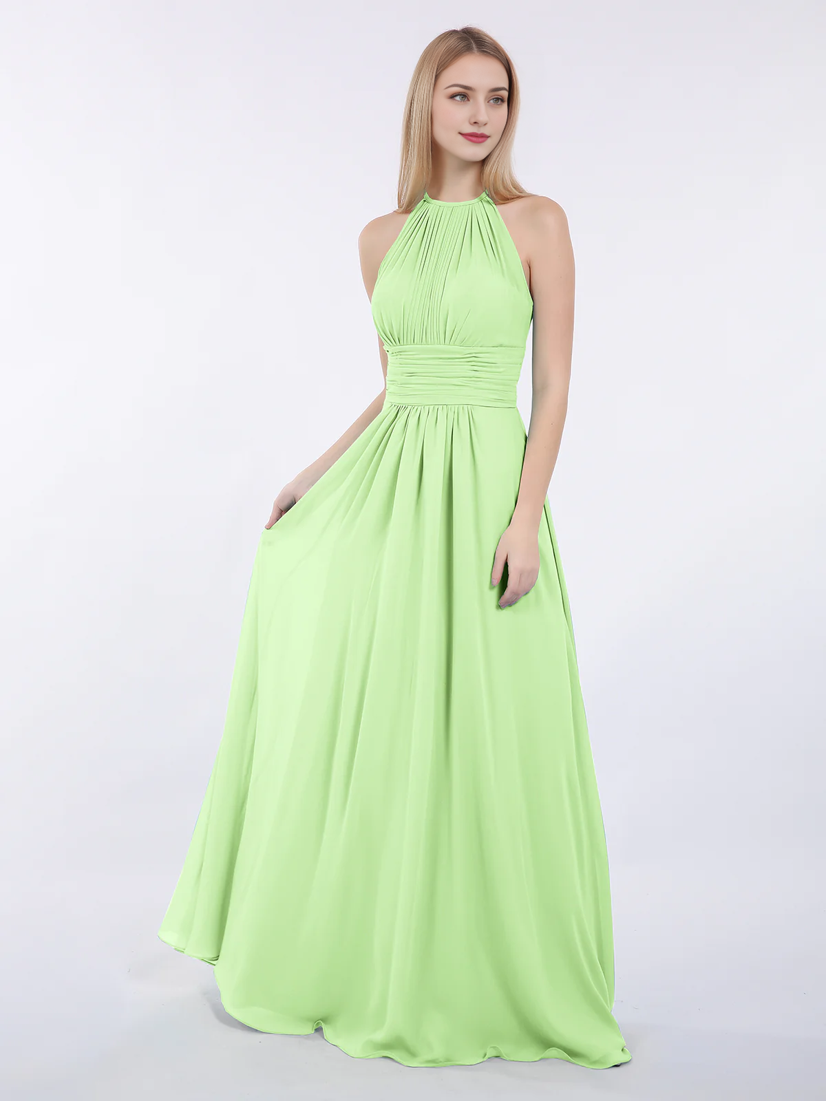 Mocha Chiffon A-Line Halter Neck Floor-Length Bridesmaid Dress with Pleated Bodice