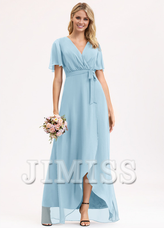 A-line V-neck asymmetric bow pleated chiffon bridesmaid dress