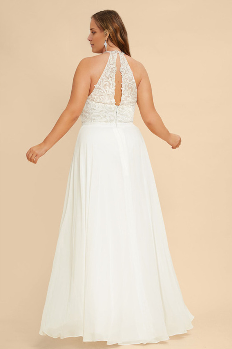 Abito da sposa in chiffon di pizzo senza maniche e collo alto a trapezio
