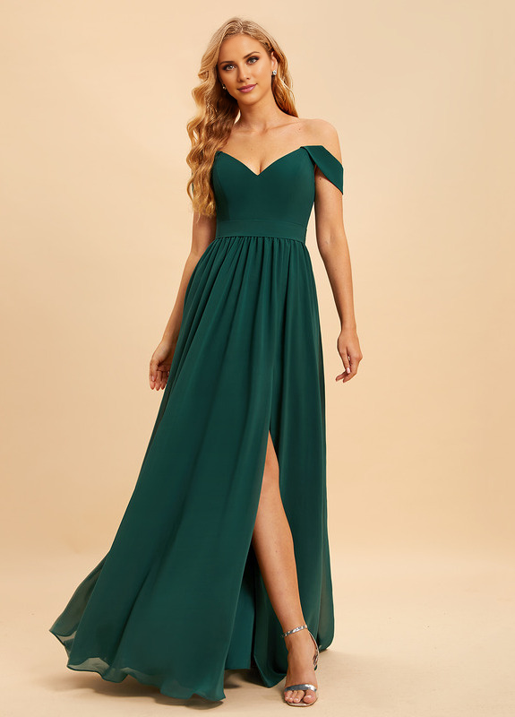 Abito da damigella d'onore in chiffon lungo fino a terra, con spalle scoperte e linea ad A