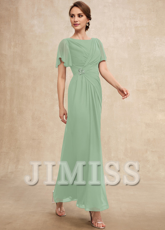 Vestido de gasa para madre de la novia, de corte A, plisado, con cuentas y escote pronunciado hasta los tobillos