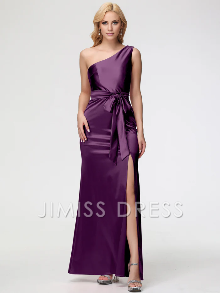 Jimiss single shoulder trumpet/mermaid sleeveless pleated satin Prom dress