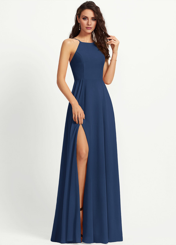 Abito da damigella in chiffon lungo fino al pavimento, con scollo a barchetta e linea ad A