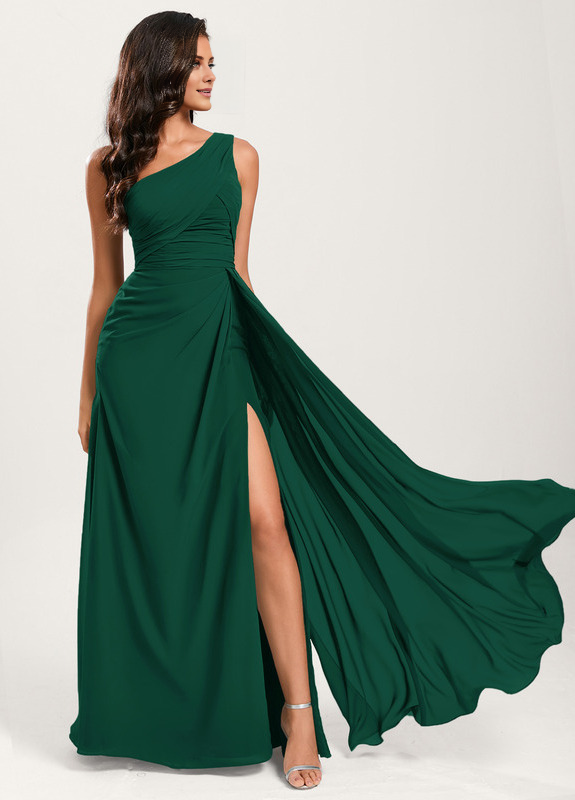 Vestido de dama de honor de gasa con volantes, corte A, un hombro al aire y largo hasta el suelo