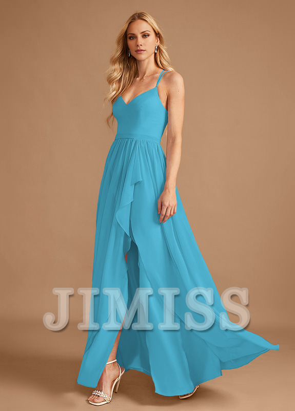 Vestido de dama de honor de gasa con volantes asimétricos y escote en V en forma de A