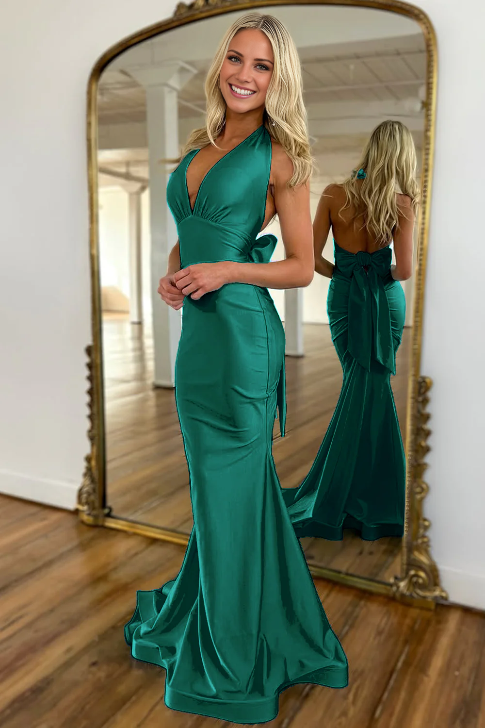 Sky Blue Satin Mermaid Floor-Length Dress with Halter neckline & Tie Back