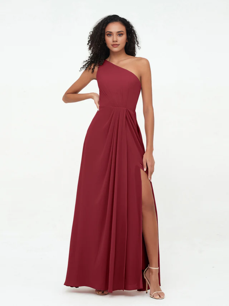 Olive Green Chiffon A-Line Floor-Length One Shoulder Dress with Draped Bodice and High Slit