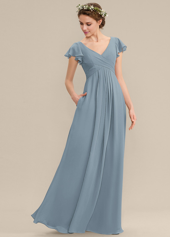 Vestido de dama de honor de gasa con escote en V, volantes escalonados y largo hasta el suelo