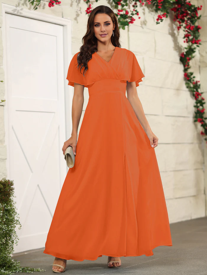 Chiffon short sleeved V-neck slit and floor length bridesmaid dress