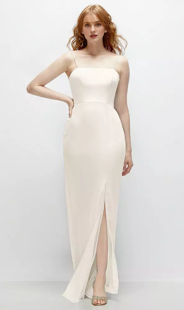 Vestido de fiesta largo hasta el suelo con abertura frontal, tirante en la espalda y cuerno hueco