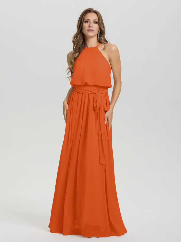 Vestidos de dama de honor de gasa sin mangas, con cuello redondo bajo y largo hasta el suelo