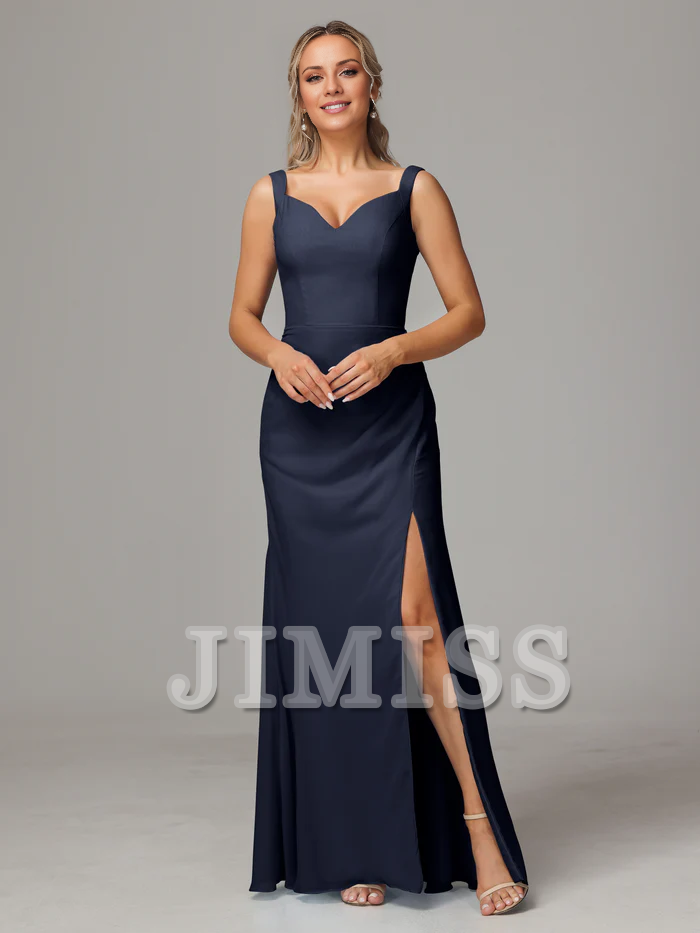 Vestido de dama de honor de gasa con escote en V, abertura, sin mangas y hombros descubiertos