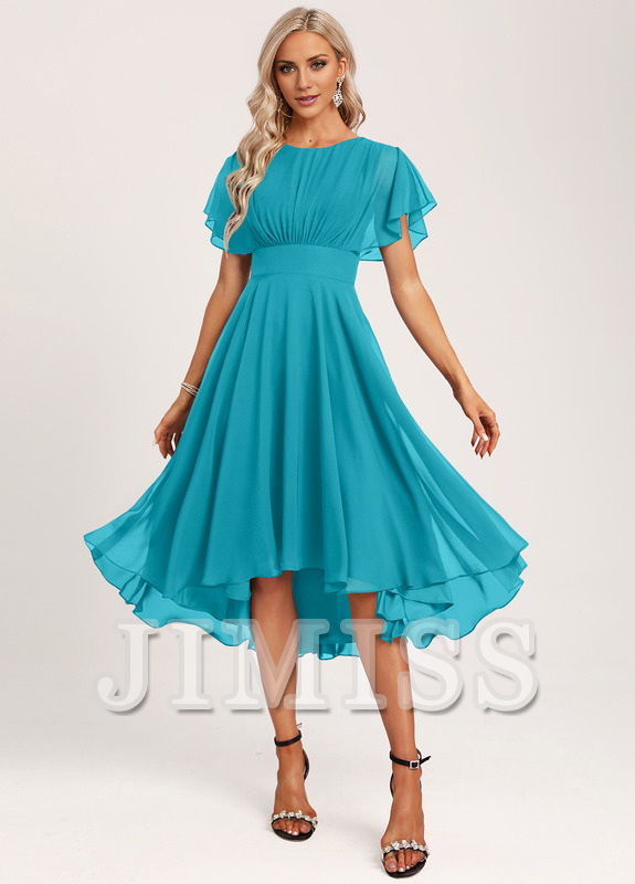 Vestido de dama de honor asimétrico de gasa con volantes, corte A y cuchara