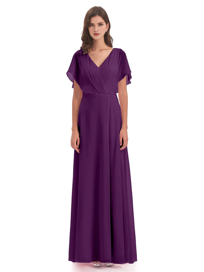Burgundy Chiffon A-Line V-Neck Floor-Length Bridesmaid Dress with Pleated Bodice and Flutter Sleeves