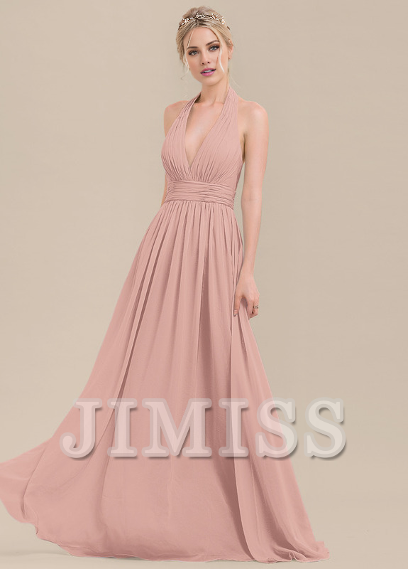 Vestido de dama de honor de gasa con volantes, corte A, cuello halter y largo hasta el suelo