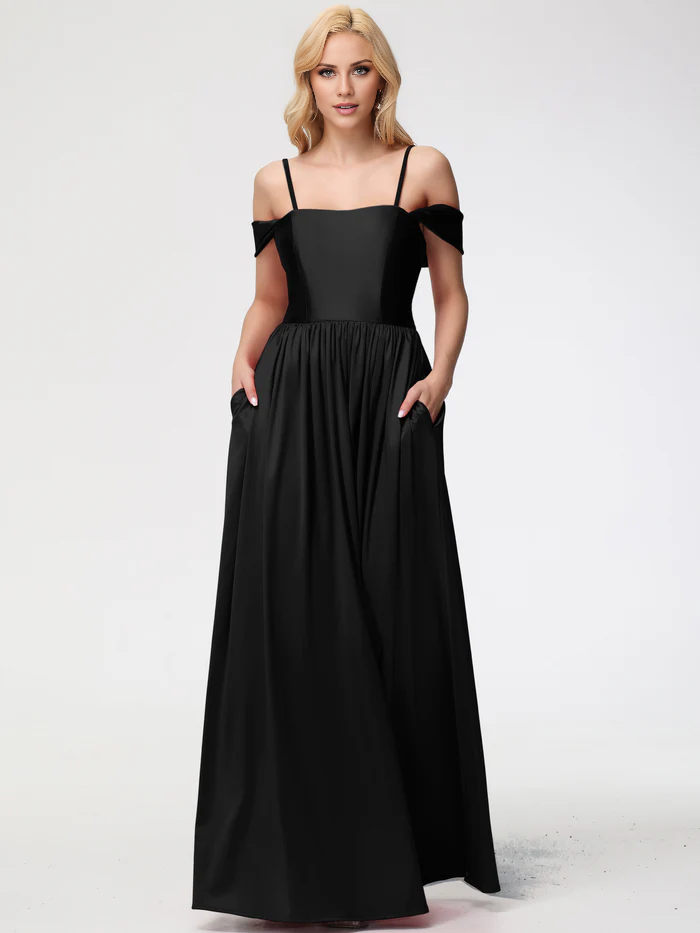 Vestido de fiesta Jimiss de satén con hombros descubiertos y largo hasta el suelo