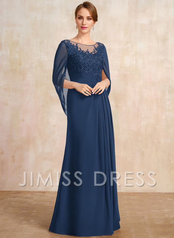 Dark Navy Chiffon A-Line Floor-Length Dress with Illusion Neck & Cape Sleeves