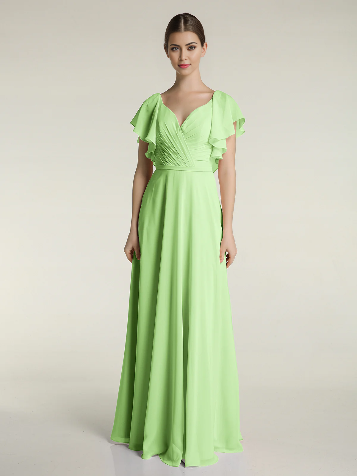 Vestido con cuello en V, capucha, mangas y borde con volantes