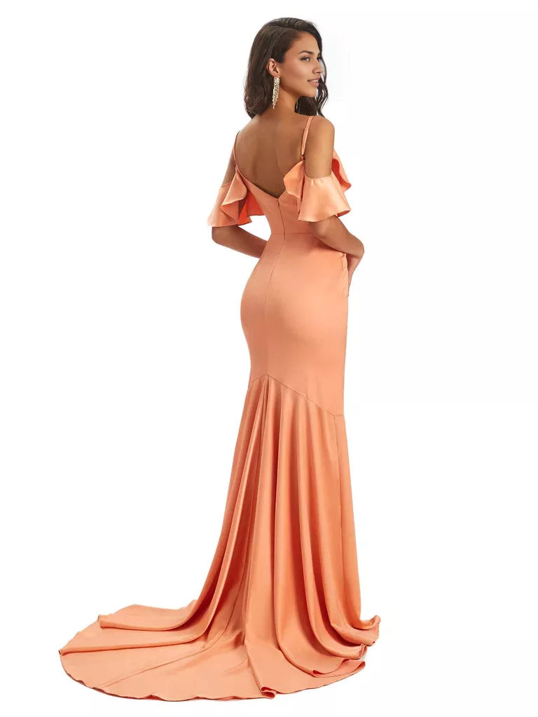 Vestidos de dama de honor de satén suave, asimétricos, con tirantes finos, sin mangas, corte sirena y hombros descubiertos