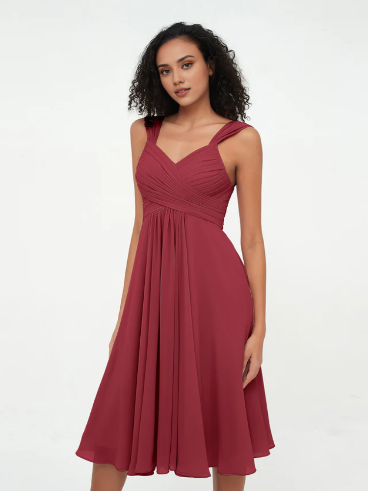 Sage Green Pleated Chiffon A-Line Knee-Length Dress