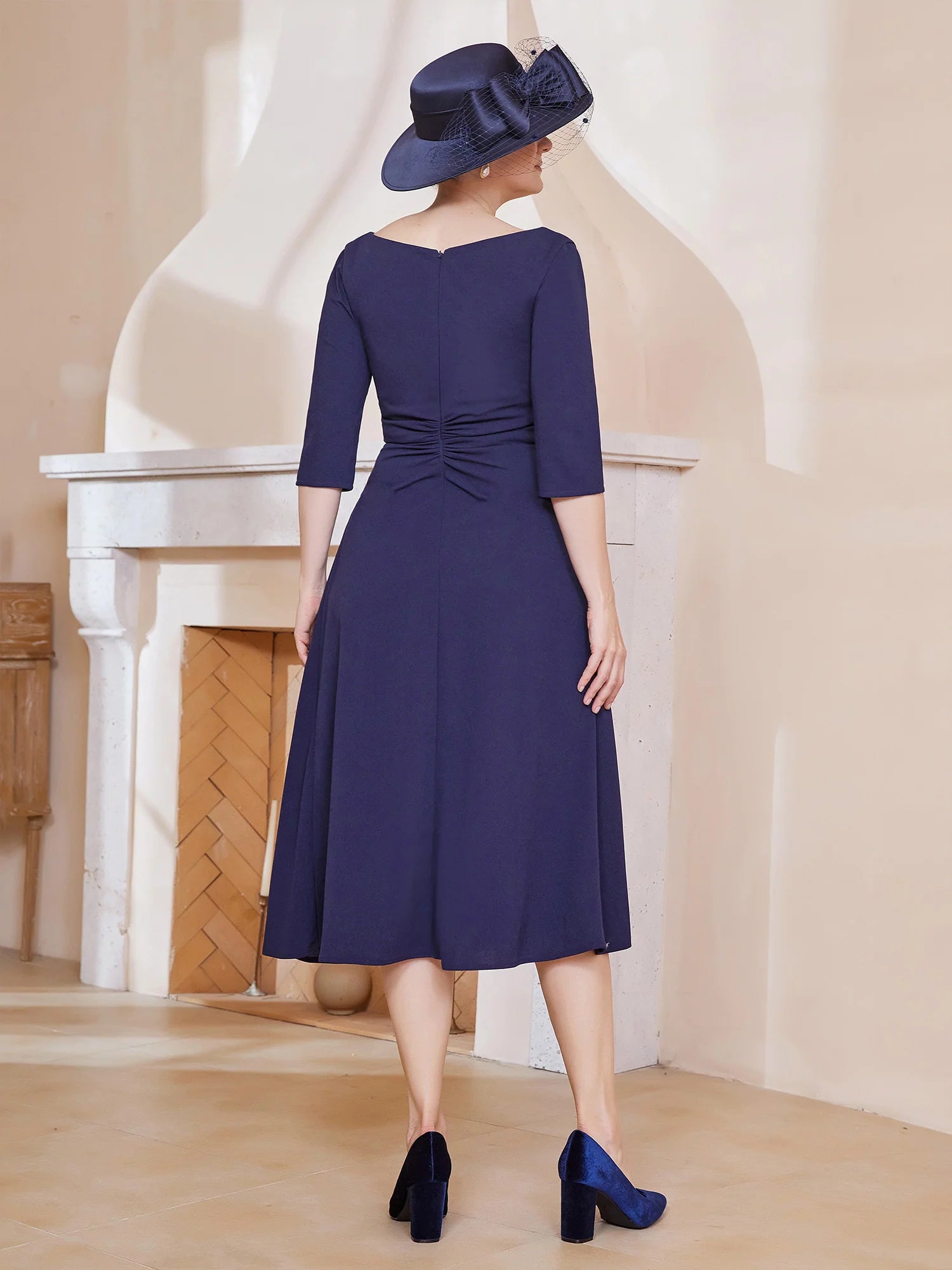Dark Navy Crepe A-Line Tea-Length Evening Dress with Draped Bodice