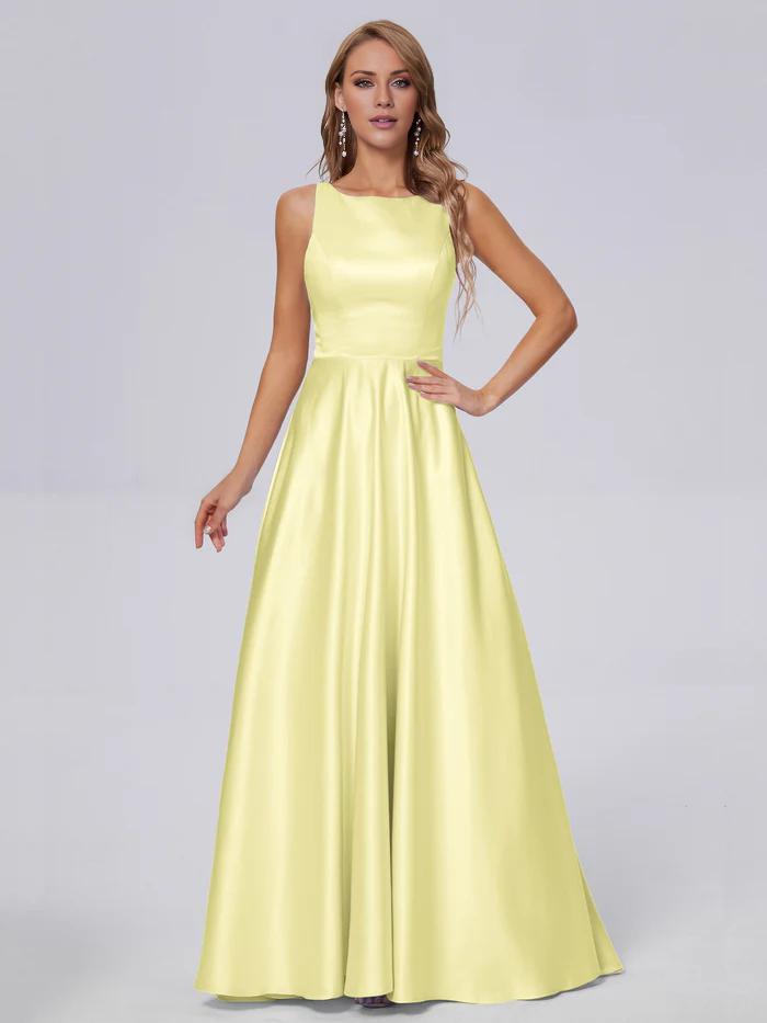 Sleeveless satin long and floor length bridesmaid dress