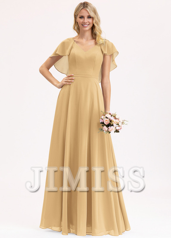 Vestido de dama de honor de gasa con escote en V, volantes escalonados y largo hasta el suelo