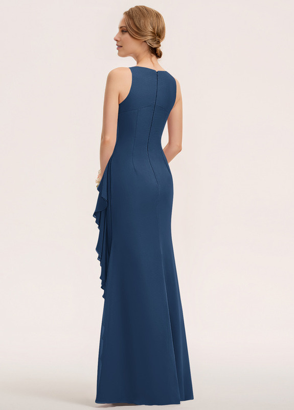 Dark Navy Chiffon A-Line Floor-Length Bridesmaid Dress with Keyhole Neck, Ruched Bodice & Ruffled High Slit
