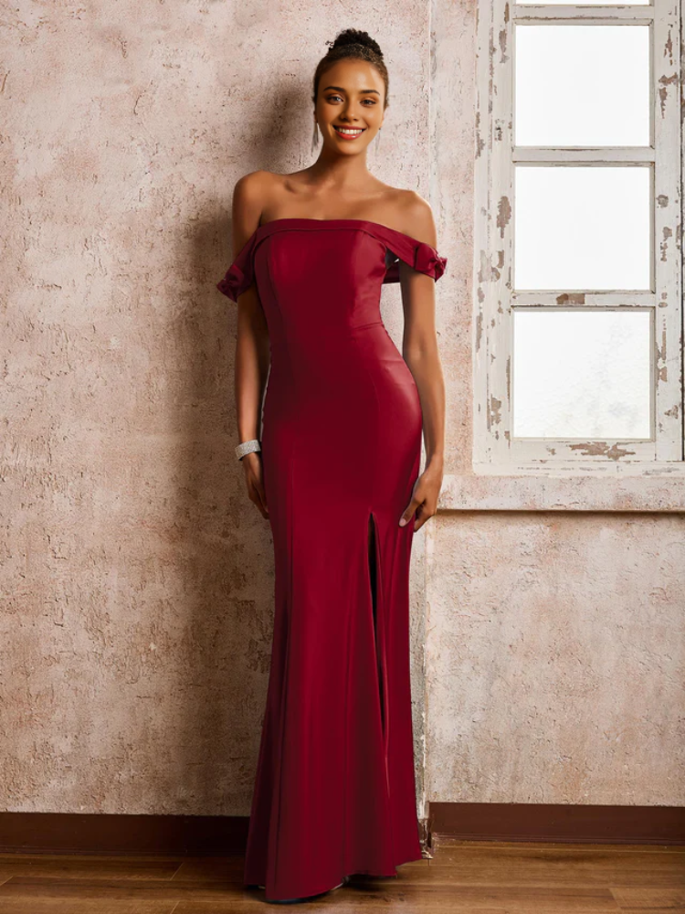 Chiffon Off-Shoulder Sweetheart Neckline Ruched Bodice High-Slit Sheath Floor-Length Bridesmaid Dresses