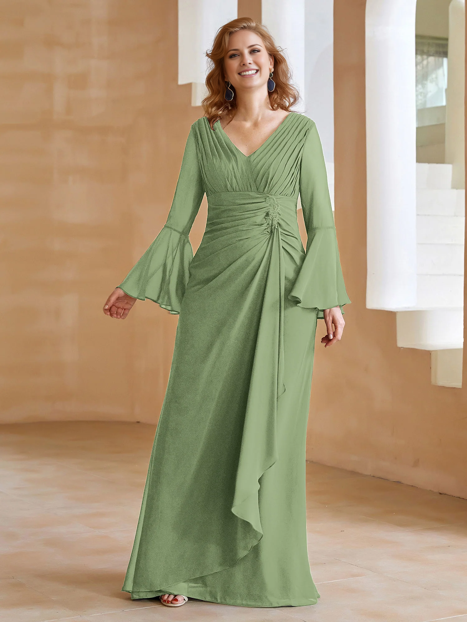 Olive Green Chiffon A-Line V-Neck Bridesmaid Dress with Ruched Bodice & Bell Sleeves