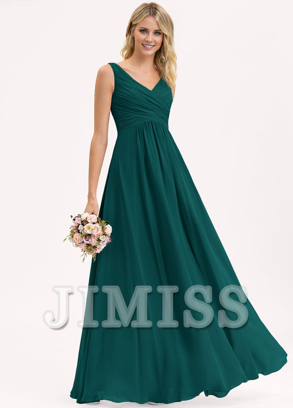 Abito da damigella d'onore in chiffon plissettato, lungo fino al pavimento, con scollo a V e linea ad A