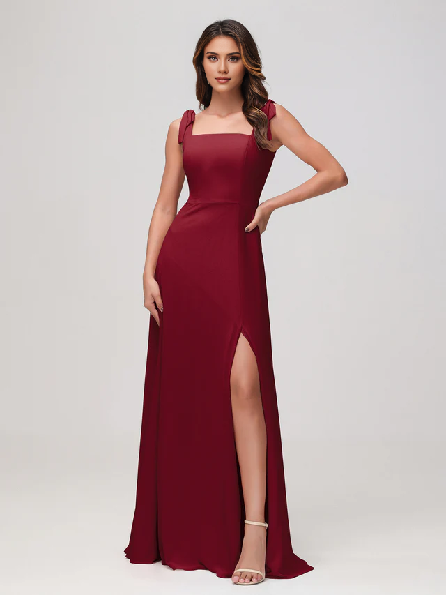 Olive Green Chiffon A-Line Floor-Length Bridesmaid Dress with Square Neck