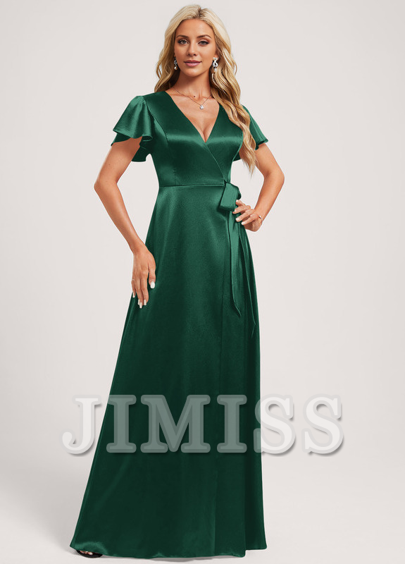 Vestido de dama de honor de satén elástico, largo hasta el suelo, con escote en V y corte A