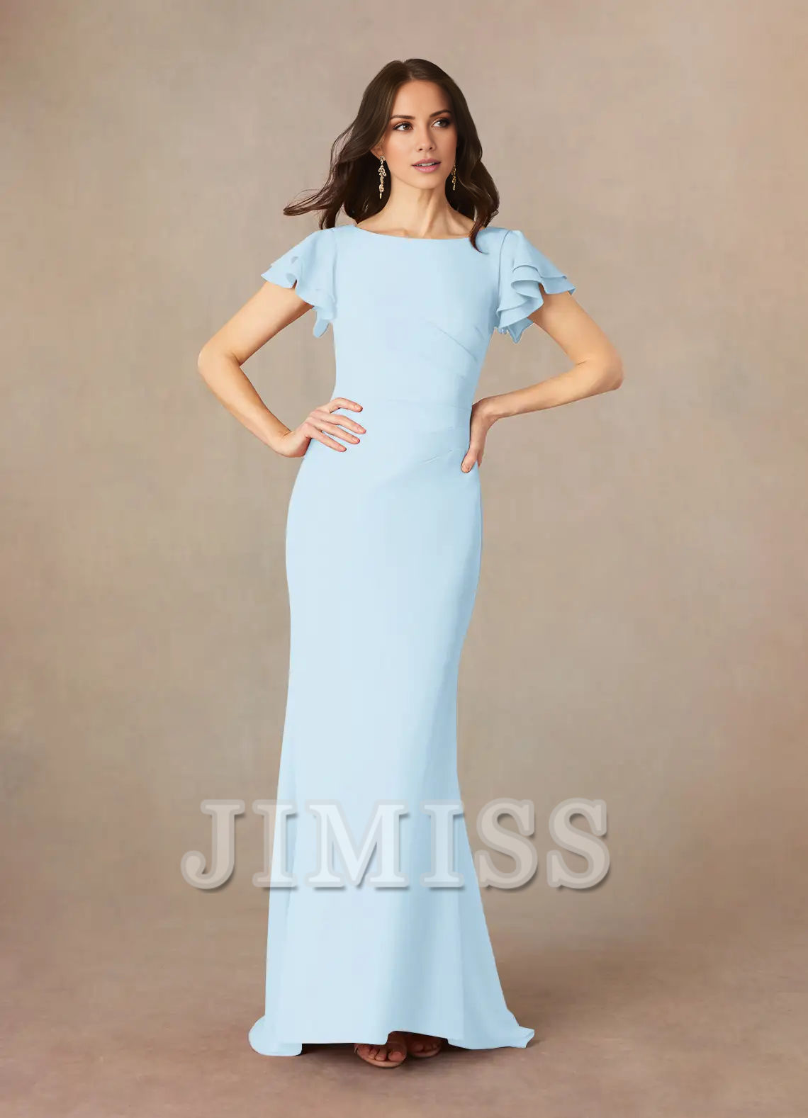 Burgundy Crepe Boat Neck Flutter Sleeve Floor-Length Bridesmaid Dress