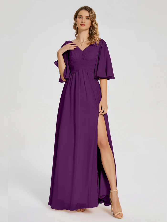 Burgundy Chiffon A-Line V-Neck Floor-Length Dress | Flutter Sleeve Bridesmaid Gown