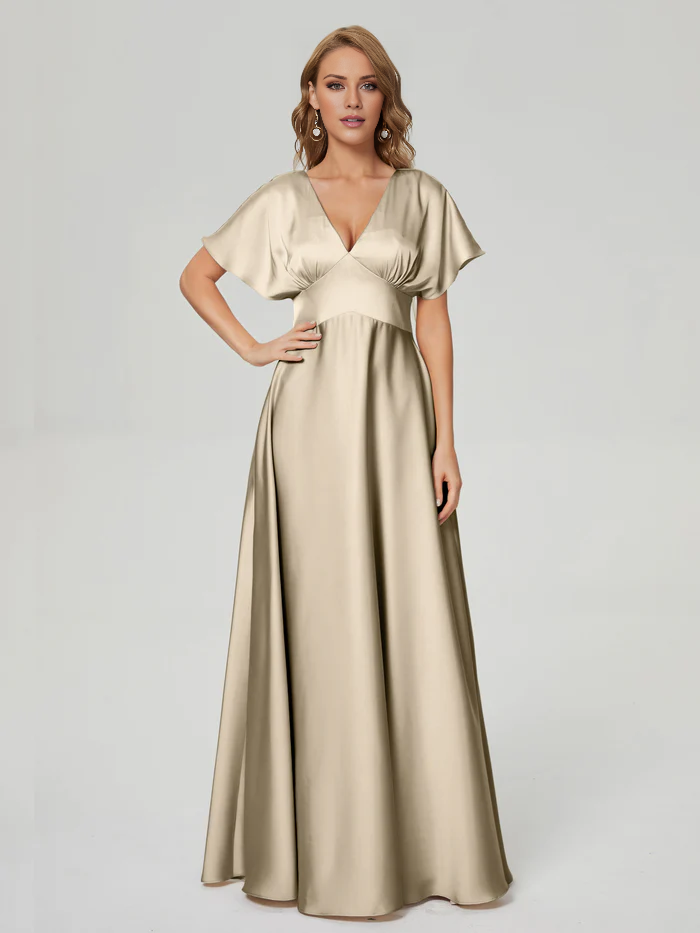 Vestido de fiesta Jimiss con escote en V, manga corta y largo hasta el suelo