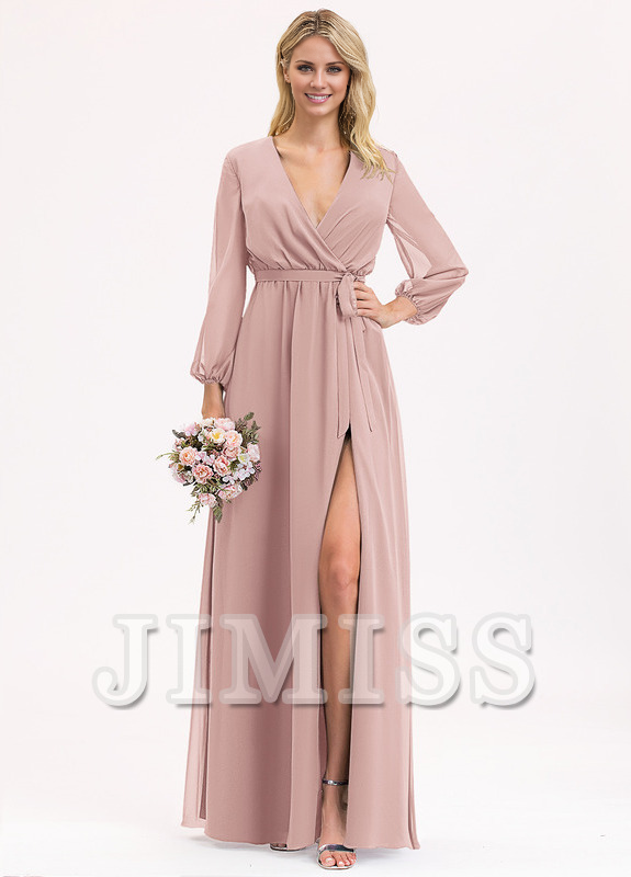 Abito da damigella d'onore in chiffon con scollo a V, lunghezza al pavimento, plissettato e fiocco