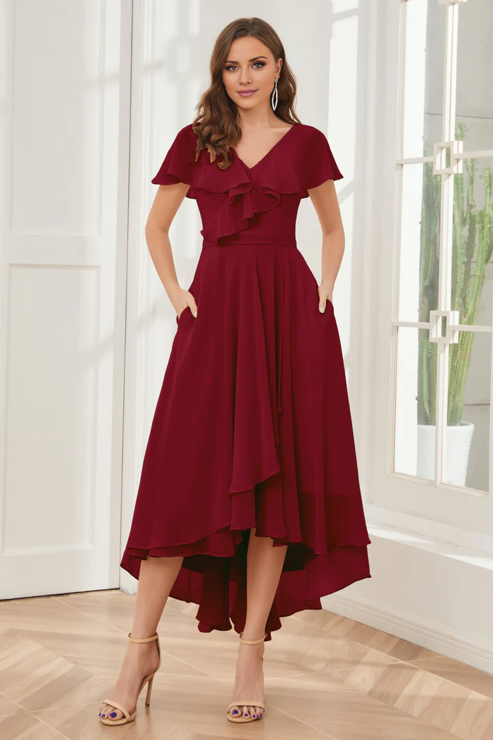 V-neck high-low short sleeved tea long bridesmaid dress
