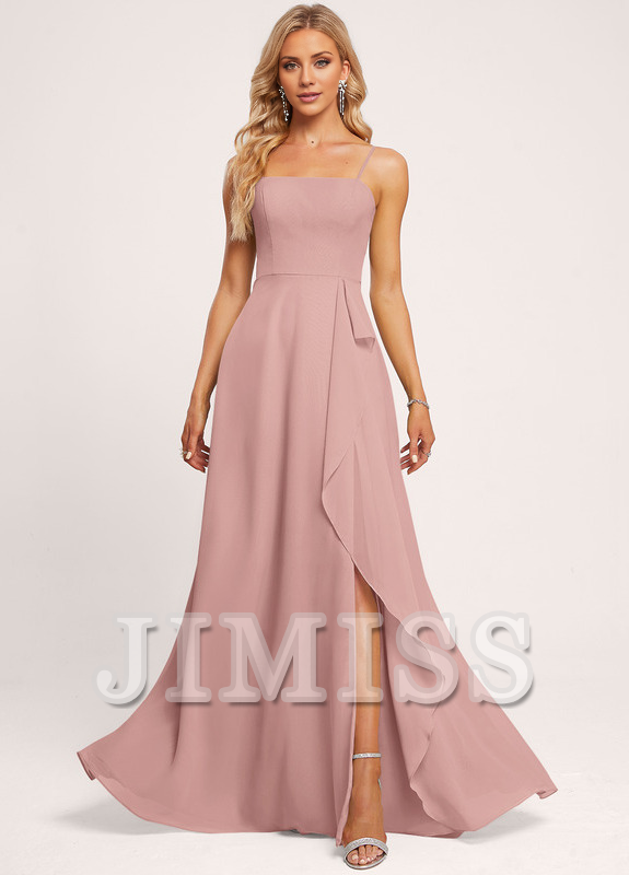 Vestido de dama de honor de gasa con volantes, corte A, cuadrado, largo hasta el suelo