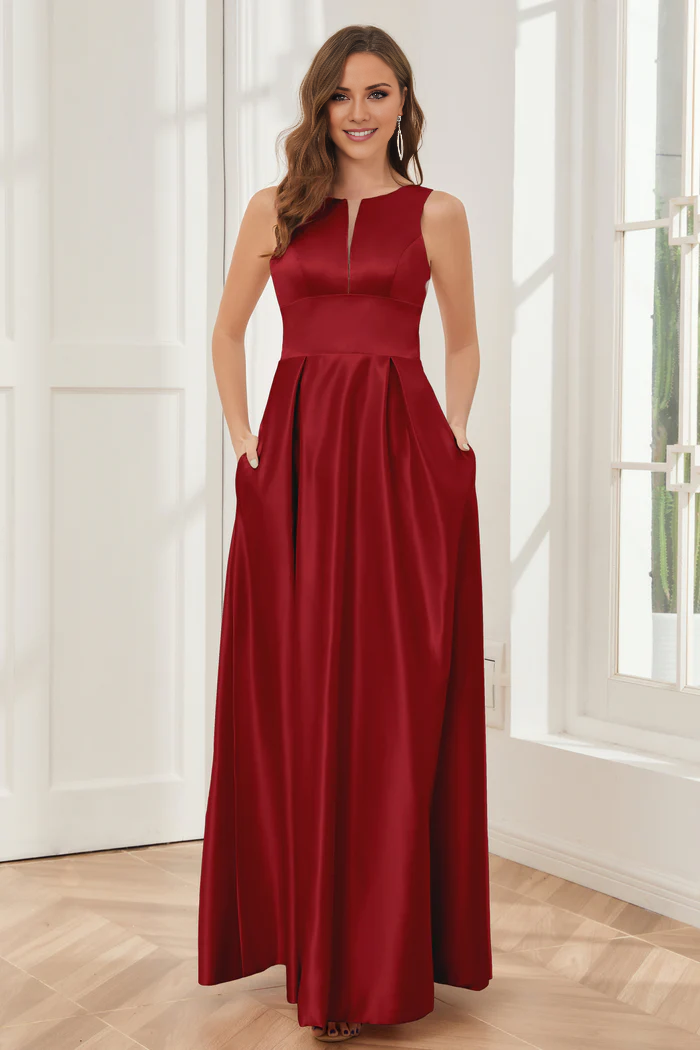 Abito da damigella d'onore a trapezio, senza maniche, in raso, lungo fino al pavimento