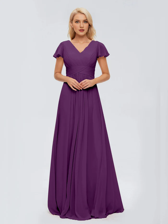 Burgundy Chiffon A-Line Floor-Length Bridesmaid Dress with Ruched V-Neck & Flutter Sleeves