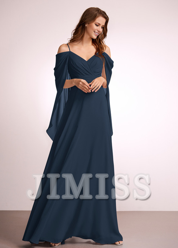 Abito da damigella d'onore in chiffon lungo fino a terra, con spalle scoperte e linea ad A